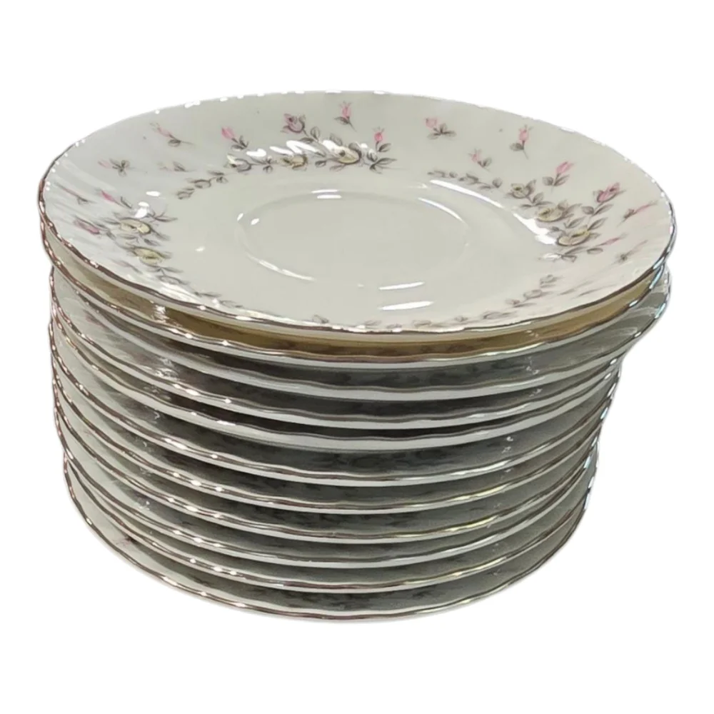 Style House Picardy Tea Saucers Set of 11 Bone China Silver Trim Floral Rosebud‎